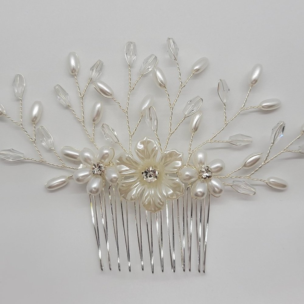 Silver Hair Comb w/ Pearls Flowers Crystals Beads